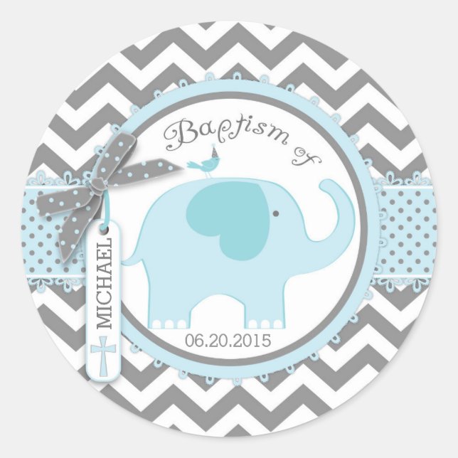 Pegatina Redonda Ave azul elefante y bautismo impreso en chevron (Anverso)