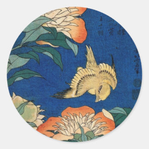Pegatina Redonda Ave de flores japonesas vintage