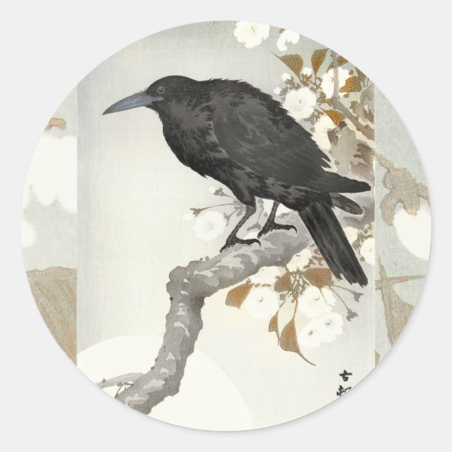 Pegatina Redonda Ave japonesa Crow Raven Koson (Anverso)