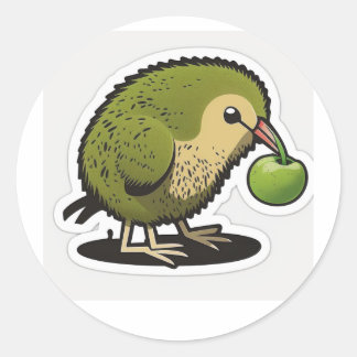 Pegatina Redonda ave kiwi comiendo un kiwi