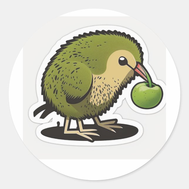 Pegatina Redonda ave kiwi comiendo un kiwi (Anverso)