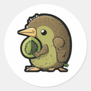 Pegatina Redonda ave kiwi comiendo un kiwi