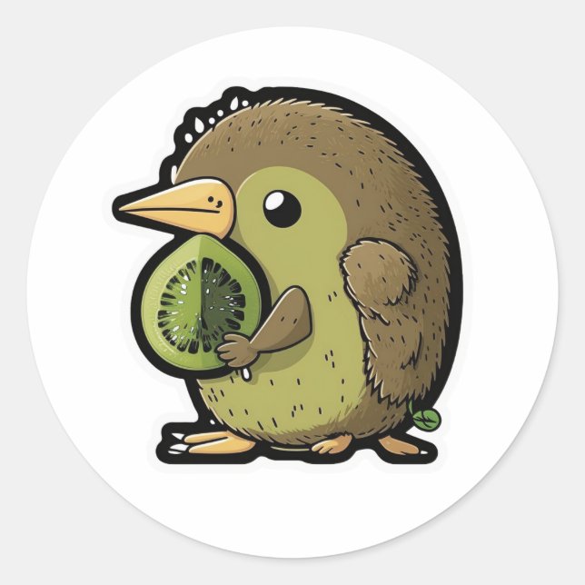 Pegatina Redonda ave kiwi comiendo un kiwi (Anverso)