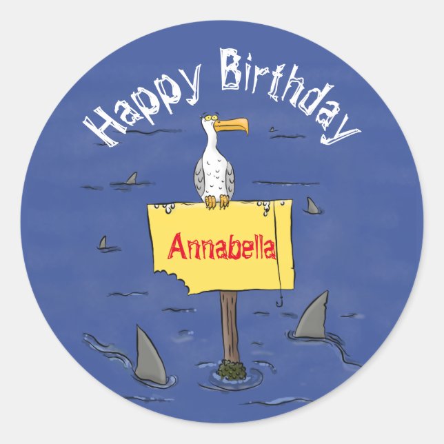 Pegatina Redonda Ave marina divertida rodeada por un personalizado  (Anverso)