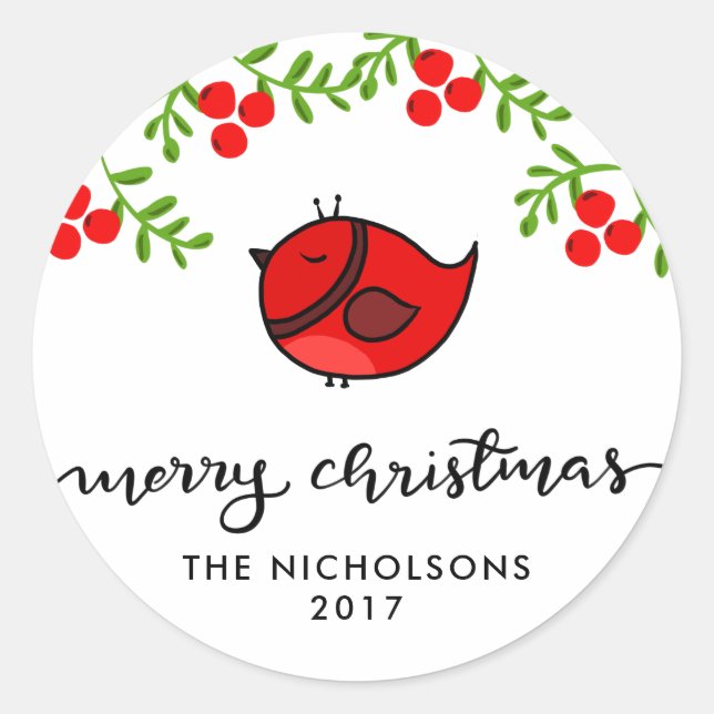 Pegatina Redonda Ave Rojo Cuerdo Feliz Navidad Nochebuena (Anverso)