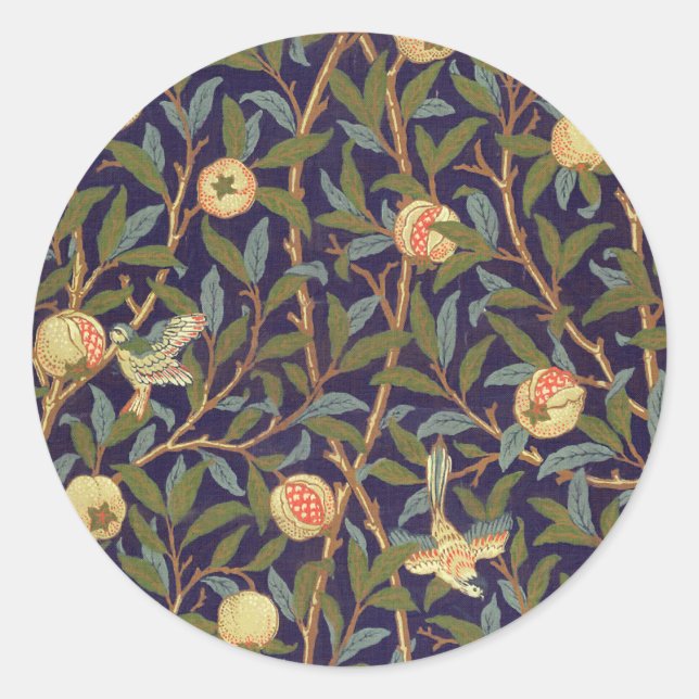 Pegatina Redonda Ave William Morris Y Pomegranato (Anverso)