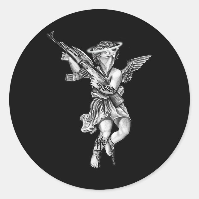 Pegatina Redonda Avenging Angel Sinner Chicano Tattoo (Anverso)