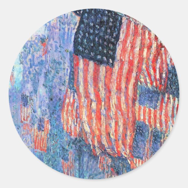 Pegatina Redonda Avenida en lluvia por Frederick Childe Hassam (Anverso)