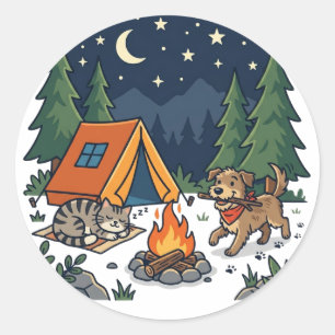 Pegatina Redonda Aventura de Camping con Perro y Gato
