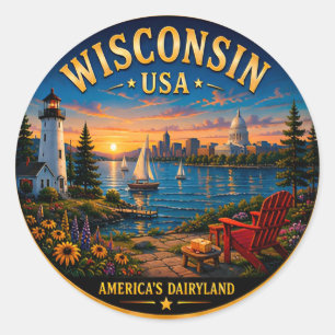 Pegatina Redonda Aventura de los Grandes Lagos de Wisconsin 🟡