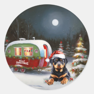 Pegatina Redonda Aventura de Navidad del Caravana Rottweiler de Inv