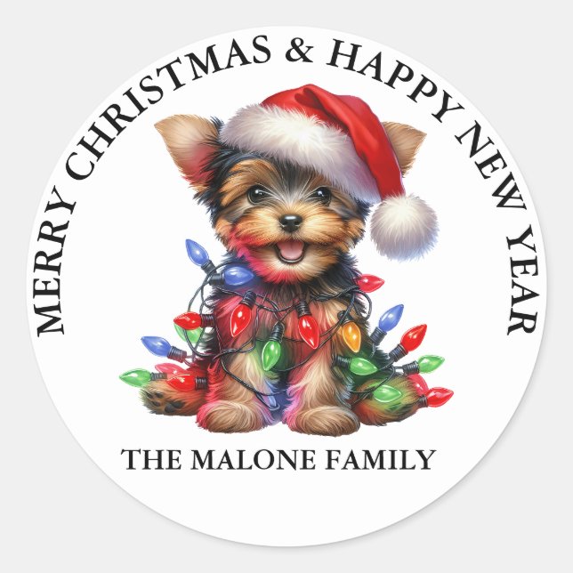 Pegatina Redonda Aventura de Navidades Terrier de Yorkshire (Anverso)
