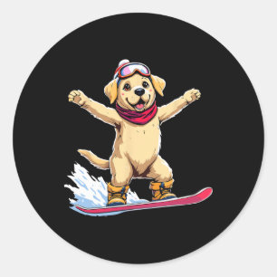 Pegatina Redonda Aventura de Snowboarding de Cuadros Golden Retriev