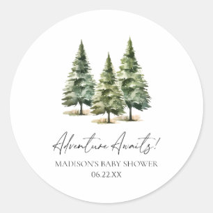 Pegatina Redonda ¡Aventura espera! Baby Shower de Winter Pine Trees