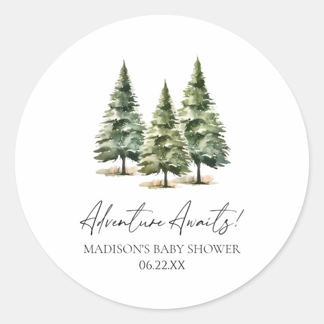 Pegatina Redonda ¡Aventura espera! Baby Shower de Winter Pine Trees (Anverso)