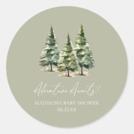 Pegatina Redonda ¡Aventura espera! Baby Shower de Winter Pine Trees