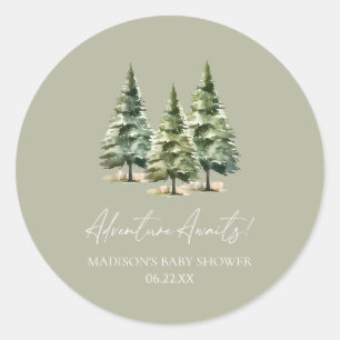 Pegatina Redonda ¡Aventura espera! Baby Shower de Winter Pine Trees