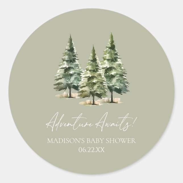 Pegatina Redonda ¡Aventura espera! Baby Shower de Winter Pine Trees (Anverso)