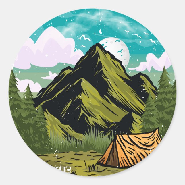 Pegatina Redonda Aventura, feliz camper vacaciones al aire libre (Anverso)