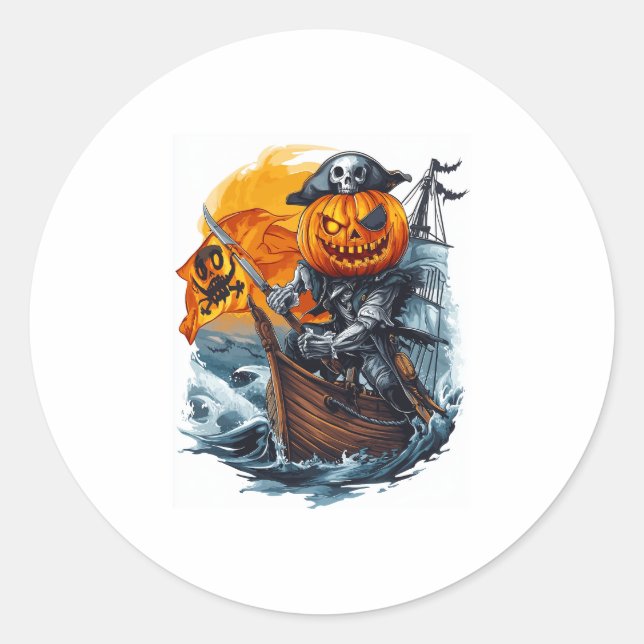 Pegatina Redonda Aventura pirata de calabaza de Halloween (Anverso)