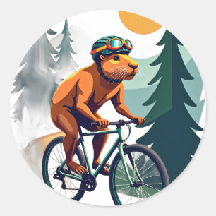 Pegatina Redonda Aventura Retro de Ciclismo de Montaña de Carpincho