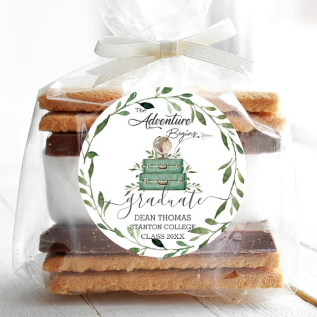 Pegatina Redonda Aventura verde empieza a favorecer el viaje (greenery stacked suitcases adventure begins graduation farewell party round sticker labels favors)