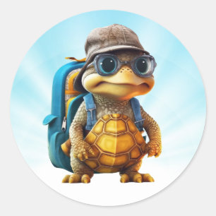 Pegatina Redonda Aventurous Cute Turtle con mochila,