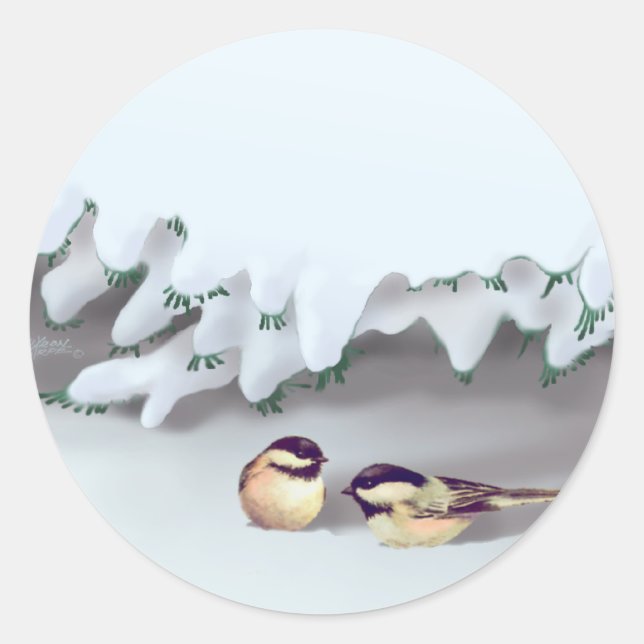 Pegatina Redonda AVES DE NIEVE de SHARON SHARPE (Anverso)