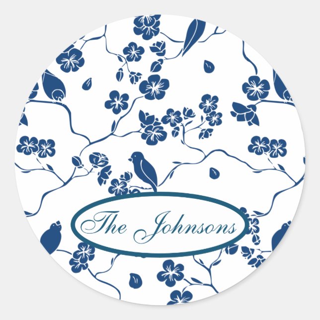 Pegatina Redonda Aves de tela y flores contemporáneas (Anverso)
