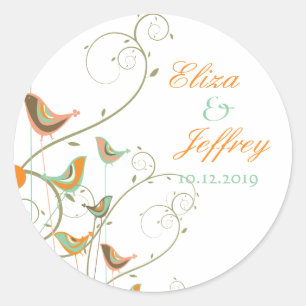 Pegatina Redonda Aves de verano extravagantes Swirls Cute Boda Pega