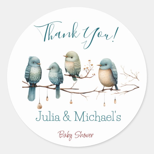 Pegatina Redonda Aves extravagantes en las ramas Pastel Baby Shower (Anverso)