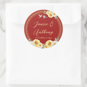 Pegatina Redonda Aves florales rojas boda chino