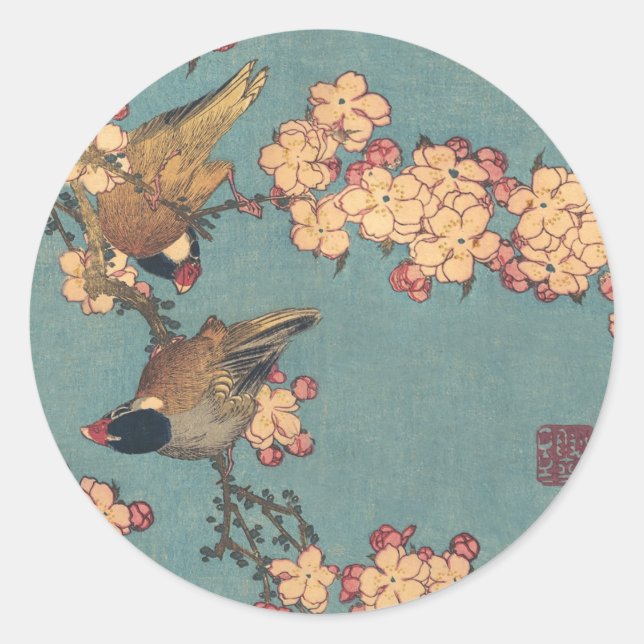Pegatina Redonda Aves flores Hokusai Arte Japonés (Anverso)