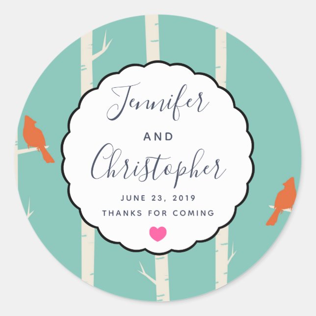 Pegatina Redonda Aves retro Naranjas en árboles de aves Bodas graci (Anverso)