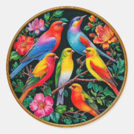 Pegatina Redonda Aves vibrantes encaramadas en ramas floridas