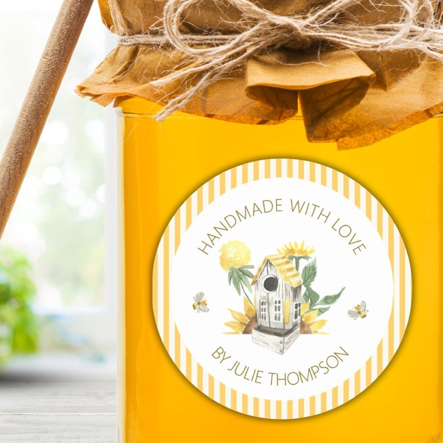 Pegatina Redonda Aves y Abejas 🐝 Pinstripes Personalizado Miel (Birdhouse & Bees 🐝 Pinstripes Custom Honey Classic Round Sticker)