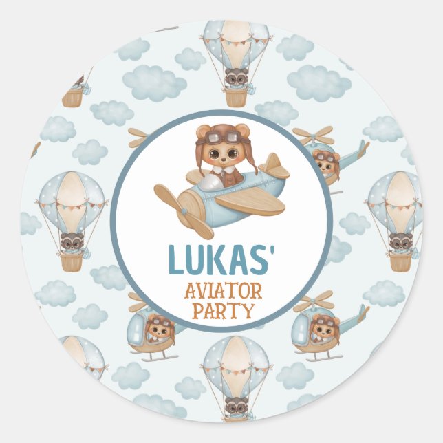 Pegatina Redonda Aviador Fiesta Baby Bear Pastel Blue Birday Clas (Anverso)