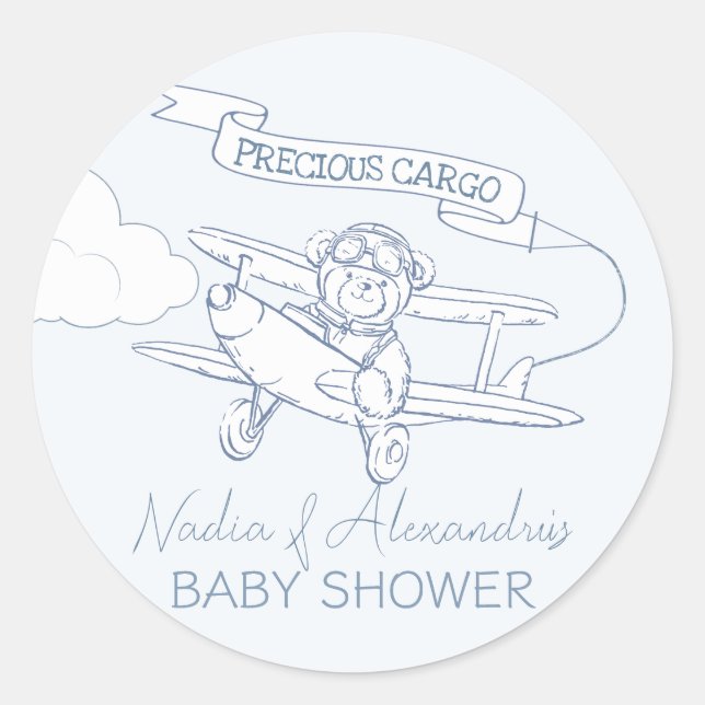 Pegatina Redonda Aviador Piloto Avión Baby Shower de carga preciada (Anverso)