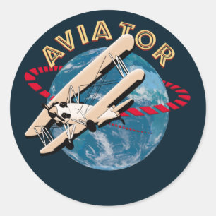 Pegatina Redonda Aviador viajando por el mundo
