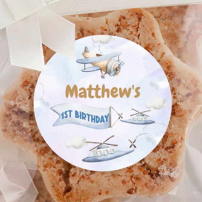 Pegatina Redonda Avión azul retro lindo primer cumpleaños (Subido por el creador)