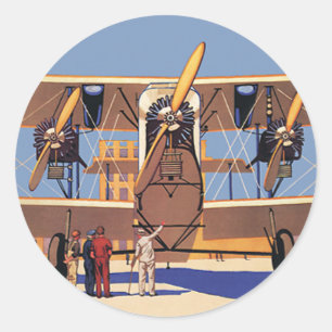 Pegatina Redonda Avión Biplano de Viajes y Transporte Antiguo