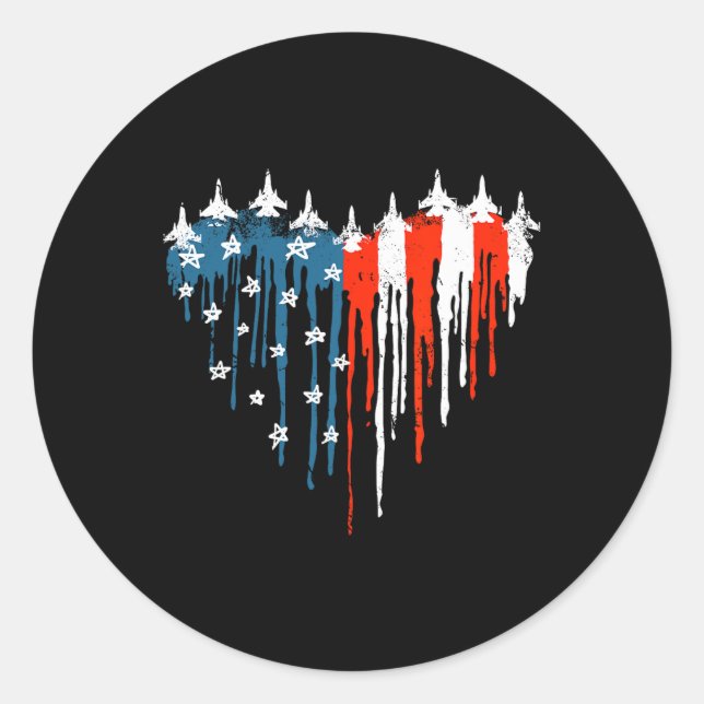 Pegatina Redonda Avión Corazón Rojo Azul Blanco Bandera Norteameric (Anverso)