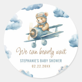 Pegatina Redonda Avión Cute Bear Blue Boy Baby Shower