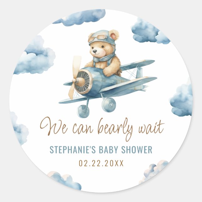 Pegatina Redonda Avión Cute Bear Blue Boy Baby Shower (Anverso)