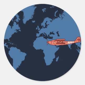 Pegatina Redonda Avión de cosecha de mapas de viajes