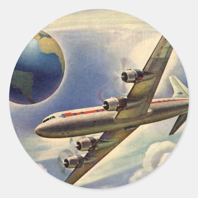 Pegatina Redonda Avión de época volando por el mundo en nubes (Anverso)