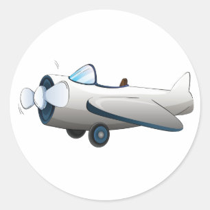 Pegatina Redonda Avión de hélice de dibujos animados blancos estilo