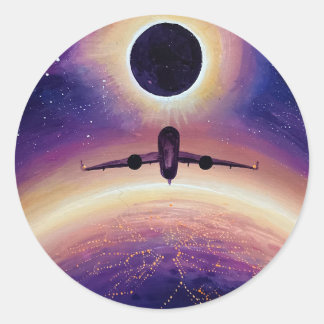 Pegatina Redonda Avión en ciudad de vuelo y eclipse