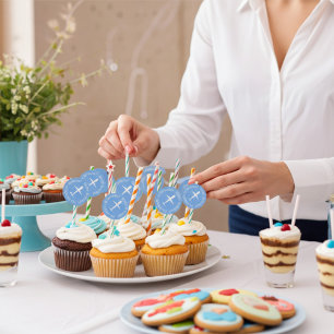 Pegatina Redonda Avión en Sky Blue Cumpleaños Personalizado