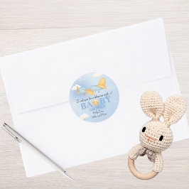 Pegatina Redonda Avión, nubes y estrellas, azul, niño bebé, lindo